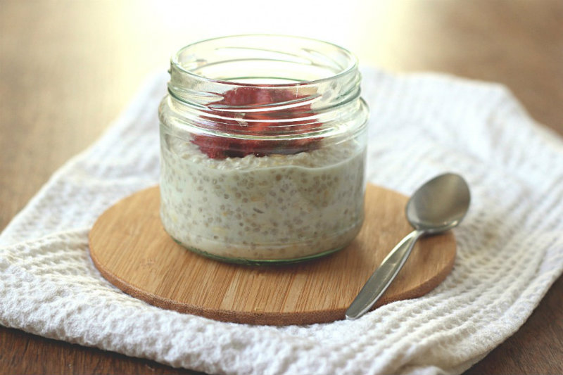 Creamy, vegan overnight breakfast pudding make with oats, coconut and chia seeds