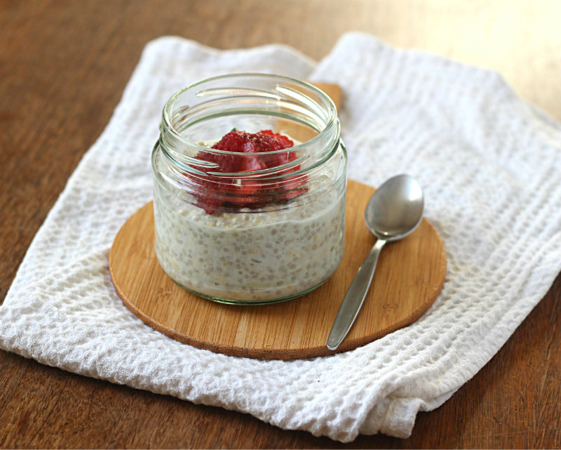 Creamy, vegan overnight breakfast pudding make with oats, coconut and chia seeds