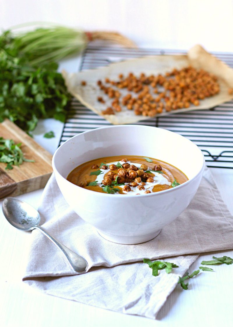 Honey-roasted carrot, coriander and ginger soup with crunchy chickpea croutons