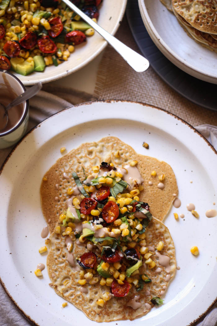 Easy soaked buckwheat pancakes with roasted tomato salsa - to her core
