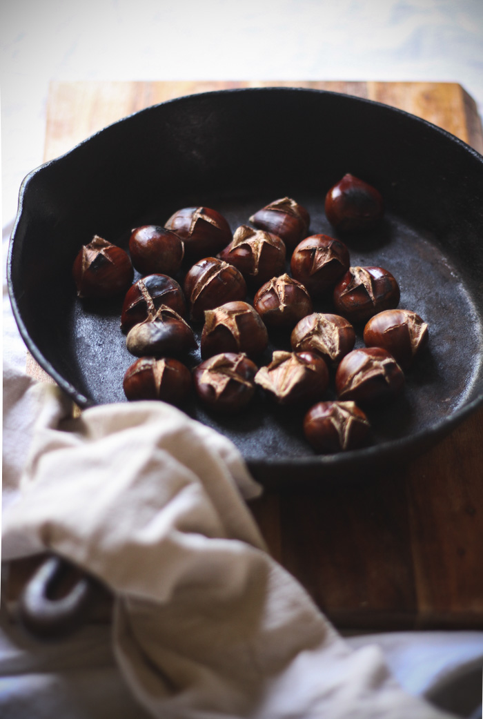 Chestnuts oven roasted in a cast iron skillet - to her core