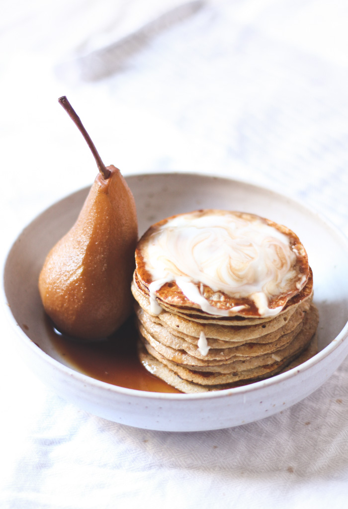sprouted barley pancakes with chai-poached pears - to her core