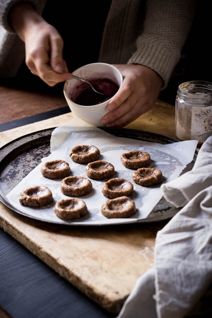 Roasted almond butter thumbprint cookies - to her core
