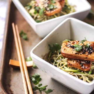 Soba noodles with ginger-spiked green dressing and roasted tofu - to her core
